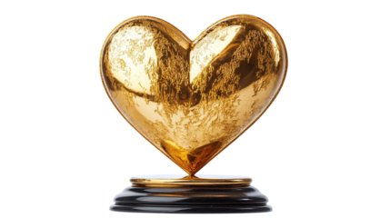Golden love heart award trophy, cut out. Isolated on a transparent background.