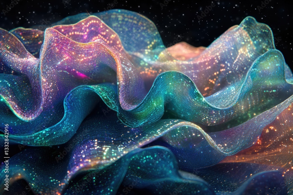 Poster iridescent fabric folds like celestial waves, shimmering with cosmic dust and ethereal glow.