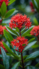 Close-up of Ixora flower buds with red flowers and blurred background