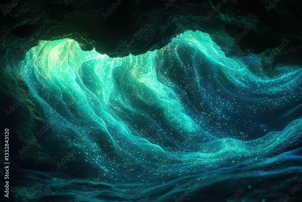Poster glowing teal waves cascade within a dark, cavernous space, creating an ethereal underwater scene.