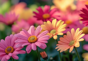 Obraz premium Vibrant Pink and Yellow Daisy Flowers Blooming in a Sunny Garden Setting with Soft Focus Background and Natural Light Enhancing Their Beauty