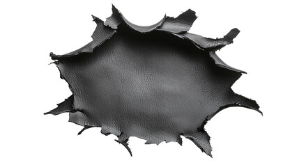 Black leather with frayed edges, cut out. Isolated on a transparent background.