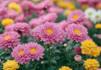 Obraz premium Vibrant Pink and Yellow Flowers in a Colorful Garden Setting with Soft Focus Background Ideal for Floral Displays and Nature Photography