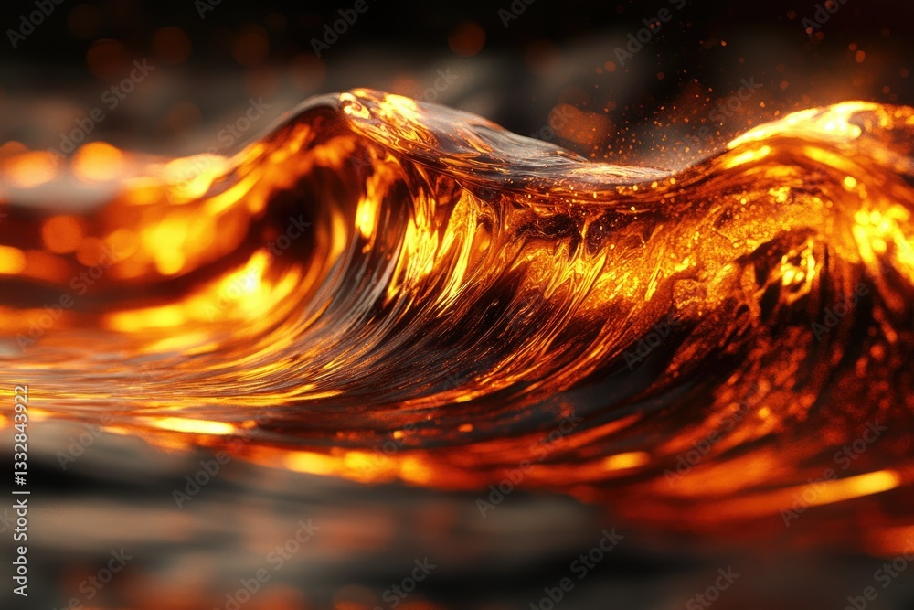 Poster fiery orange wave crests, glowing with intense light and reflecting ambient sparkles.