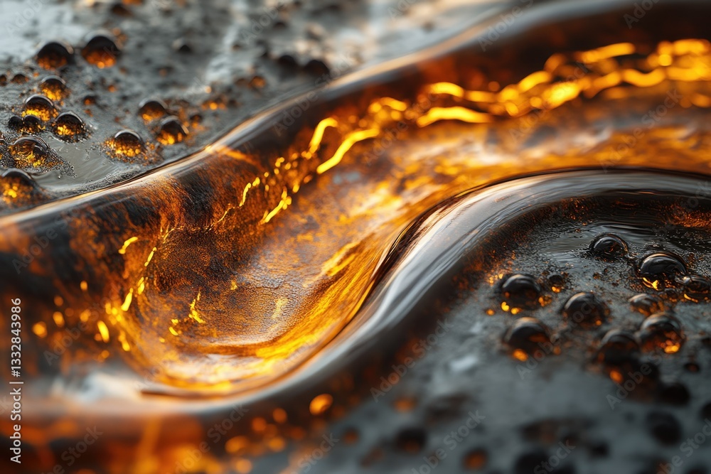 Poster Abstract close-up of flowing golden liquid with dark background, showing texture and bubbles.