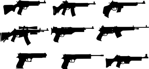 Graphic black detailed silhouette pistols, guns, rifles, submachines, revolvers and shotguns. Isolated on white background. Vector weapon and firearm icons set.
