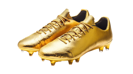 Pair of golden football boots, cut out. Isolated on a transparent background.