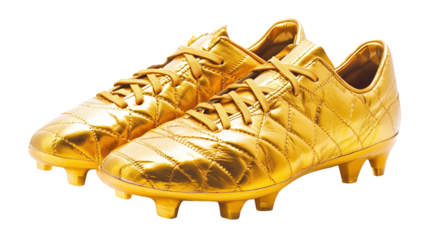 Pair of golden football boots, cut out. Isolated on a transparent background.
