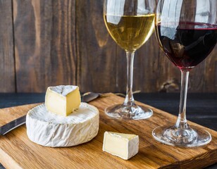 Red and White Wine Glasses with Brie Cheese on Wooden Board
