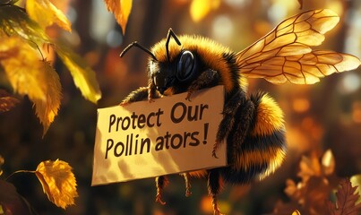 Bumblebee flying and holding a sign with the message protect our pollinators! in a beautiful autumn forest setting