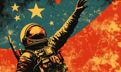 Vintage propaganda poster style illustration of a cosmonaut saluting with raised arm over a red flag and stars