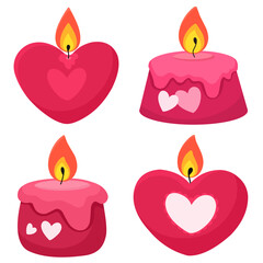 Heart shaped candles, flat style isolates collection.
