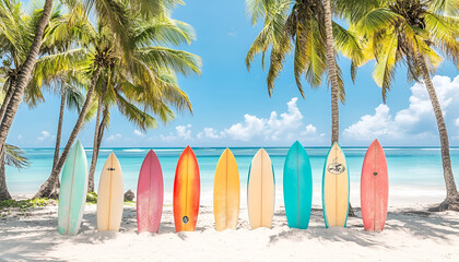 Colorful surfboards standing upright on a sandy beach with palm trees. Vibrant surfboards in a row on a tropical shore. Concept of surfing, tropical vacation, beach equipment, summer fun