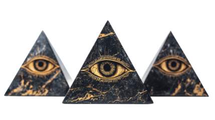 Set of mason pyramids with illuminati eyes, cut out. Isolated on a transparent background.