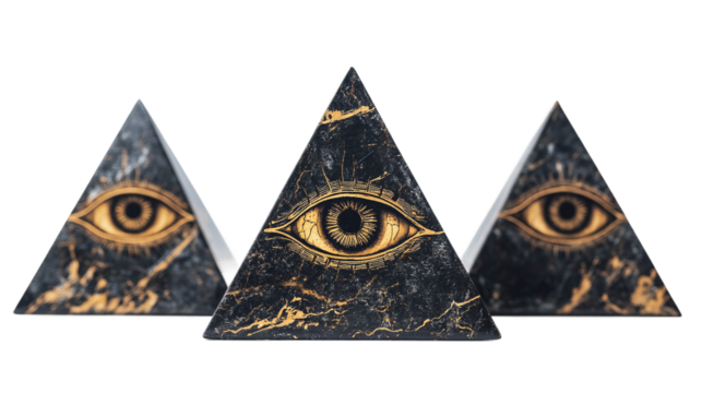 Set of mason pyramids with illuminati eyes, cut out. Isolated on a transparent background. - Powered by Adobe
