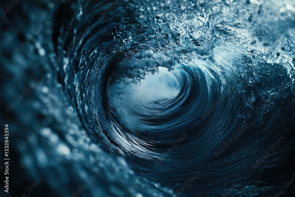 Poster a powerful ocean wave curls, creating a mesmerizing, swirling vortex of deep blue water.