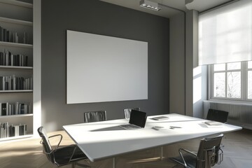 Modern meeting room with blank whiteboard, sunny office space