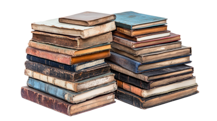 Set of stacks of hardcovered old books, cut out. Isolated on a transparent background.