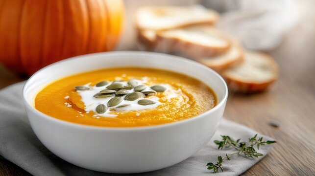 Creamy pumpkin soup with pumpkin seeds and bread for a cozy autumn meal on a rustic wooden table - Powered by Adobe
