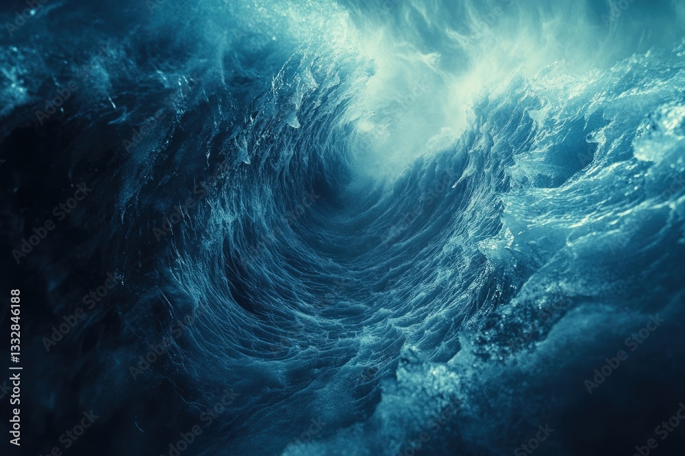 Poster a powerful, deep ocean wave crashes, creating a mesmerizing swirl of blue water.