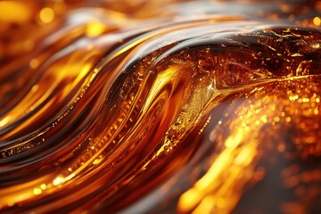 Abstract close-up of amber liquid, swirling and reflecting light, creating a luxurious and vibrant texture.