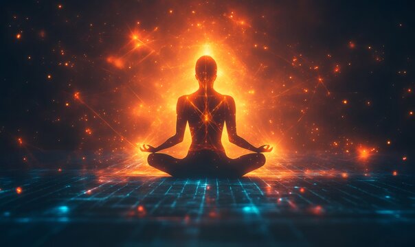 Silhouette of a person meditating in lotus position with glowing energy field and network grid, representing spiritual connection and mindfulness