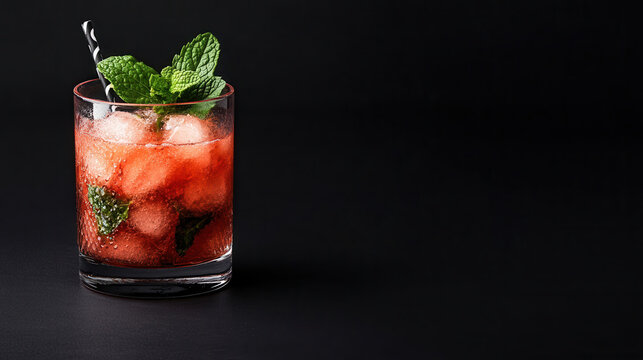 Refreshing watermelon cocktail garnished with mint leaves served in a glass with vibrant colors perfect for summer gatherings. watermelon mahito, strawberry, watermelon cocktail. watermelon mahito, st