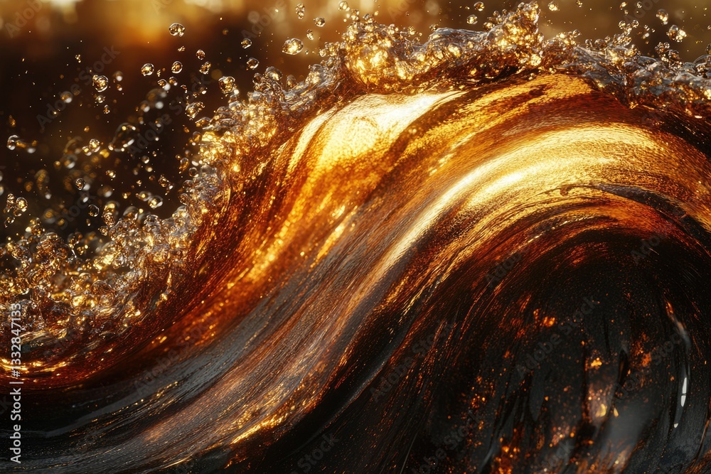 Poster a mesmerizing swirl of golden liquid, glistening with light and movement, creating an abstract, luxu