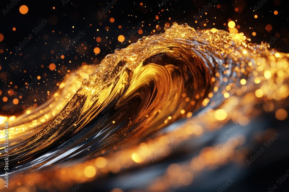 Poster a mesmerizing golden wave crashes, illuminated by sparkling lights against a dark backdrop.