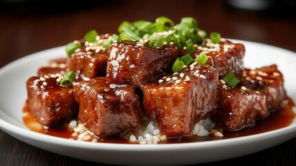 Savory stir-fried beef in teriyaki sauce with bell peppers and onions over steamed rice garnished with sesame seeds