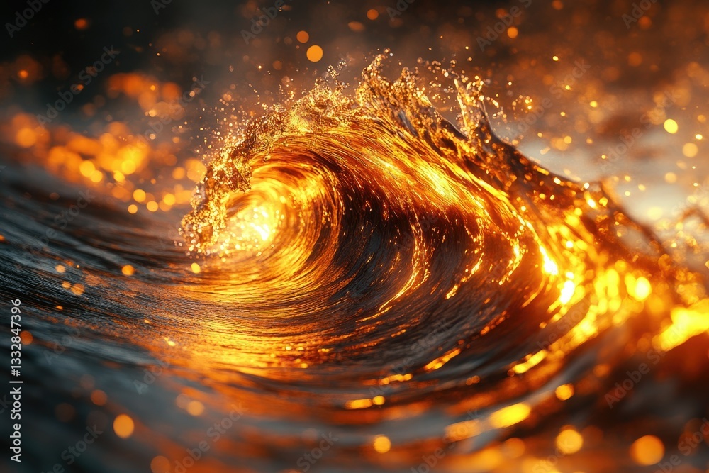 Poster A fiery, glowing ocean wave crashes, illuminated by golden light, creating a surreal and mesmerizing spectacle.