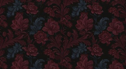 Elegant dark floral pattern over a deep black background, vintage and luxurious.