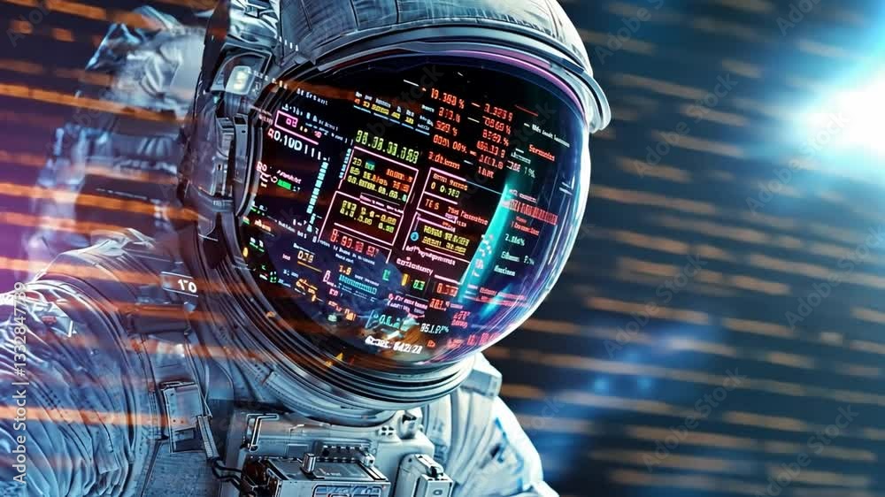 Poster astronaut exploring futuristic data with advanced technology in a digital environment