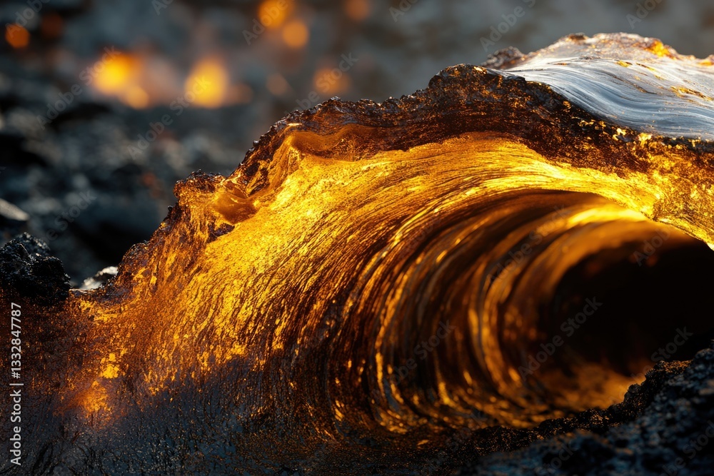 Poster glowing golden lava flows like a wave, creating a mesmerizing natural art piece.