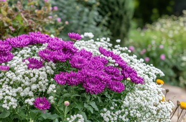 Obraz premium Vibrant Purple Chrysanthemums Surrounded by Delicate White Flowers in a Beautiful Garden Setting with Lush Greenery and Soft Background