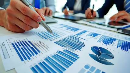 Financial data processing and analysis during a business meeting with charts and graphs, financial data processing over diverse business people in office - Powered by Adobe