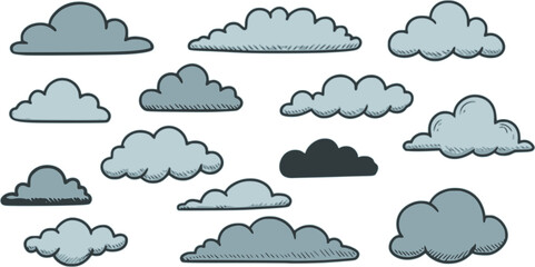 Obraz premium Set of clouds in hand drawn vintage retro style isolated on white background. Cartoon design elements. Vector illustration. 