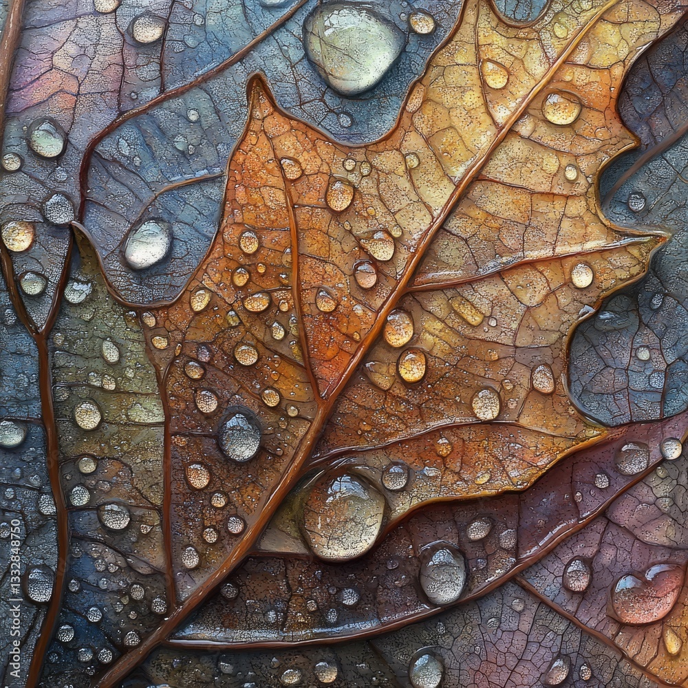 Poster macro shot of an autumn leaf covered in dew drops, showing intricate veins and textures in earthy to