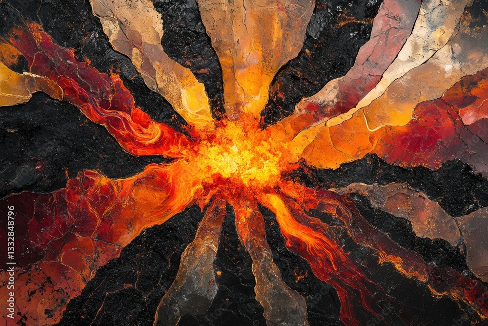 Poster abstract volcanic eruption artwork depicting fiery lava flows radiating outwards from a central poin