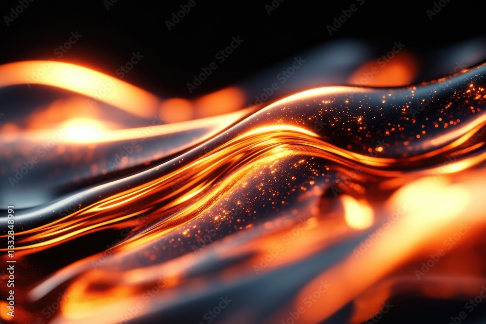 Poster Abstract image of flowing, glowing liquid with orange and black colors creating a mesmerizing wavy pattern.