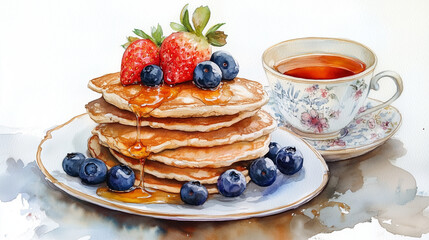 Watercolor painting of delicious pancakes with berries and tea  