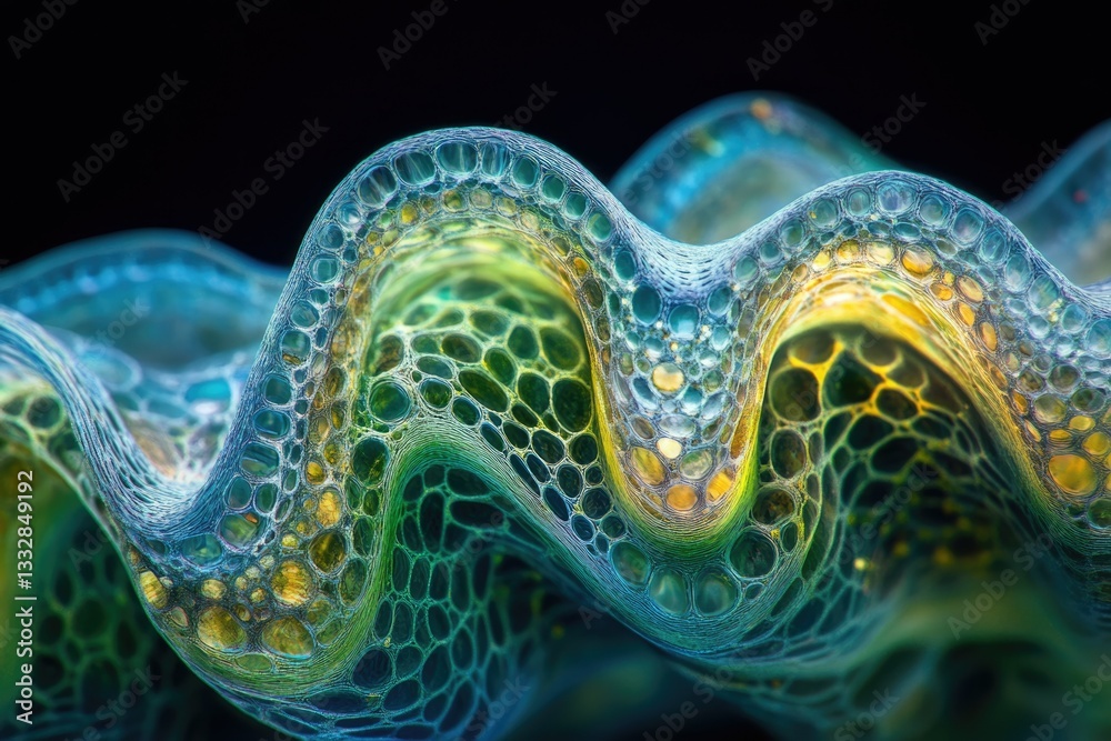 Poster abstract close-up of a vibrant, textured surface resembling a bioluminescent organism or intricate n
