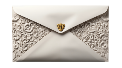 White Envelope with Floral Design Gold Clasp Luxury Stationery, Ornate Paper Craft Style.