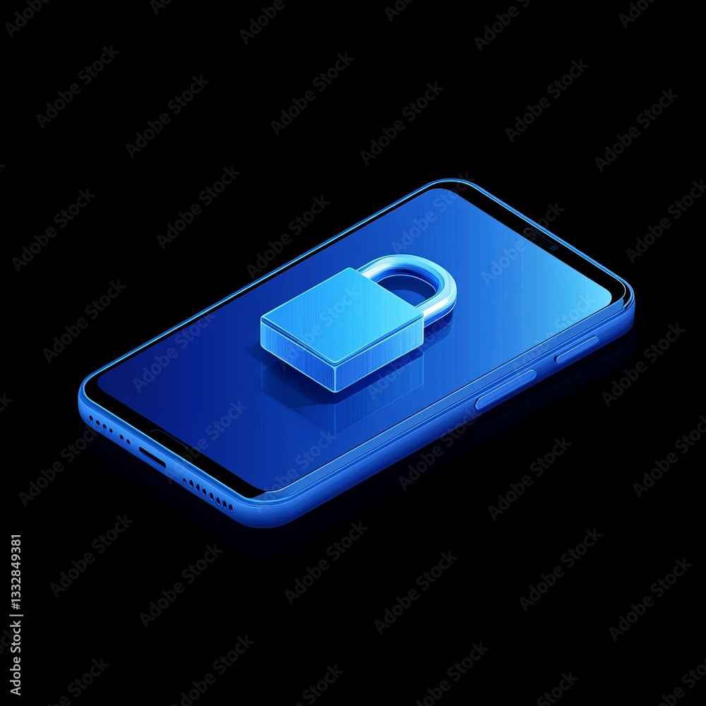 Aufkleber secured mobile: blue smartphone with padlock displayed for data protection and privacy on black back