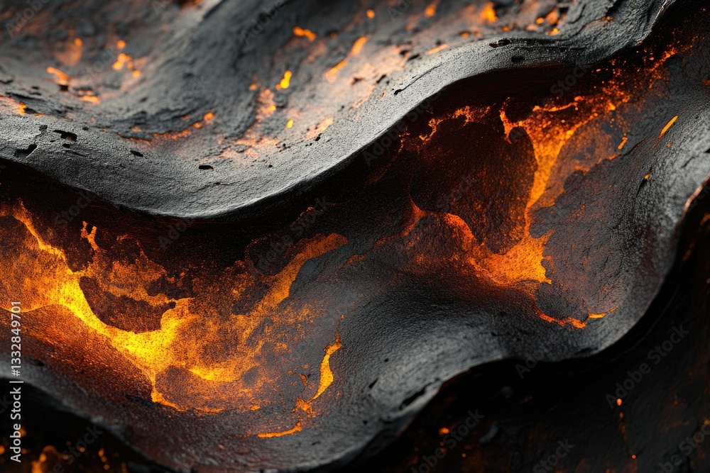 Poster molten lava flows beneath a dark, rocky surface, creating a dramatic and fiery scene.