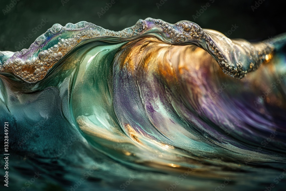Poster A mesmerizing abstract depiction of an ocean wave, showcasing iridescent colors and textures.