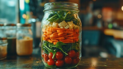 A colorful salad jar with layers of spinach, carrots, cherry tomatoes, and vinaigrette