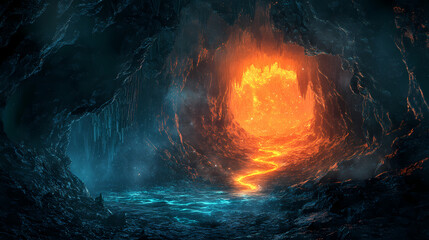 A mystical underground cave where ancient glowing coal veins pulse with hidden energy. Underground Veins. Illustration
