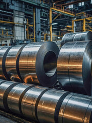 Close-up of metal rolls in a factory, reflecting the light in a manufacturing facility