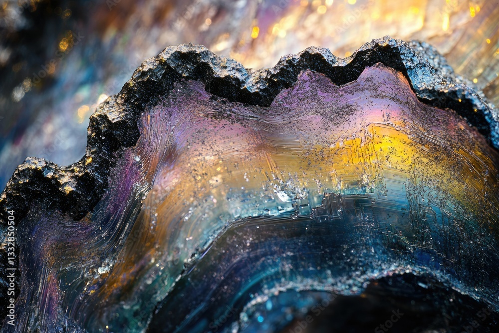 Poster a mesmerizing close-up reveals iridescent layers within a dark, textured, rock-like substance.